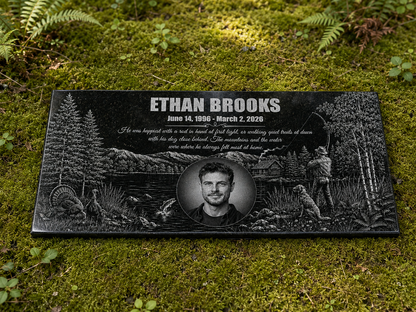 Outdoor memorial marker with engraved photograph — ADFSTONE
