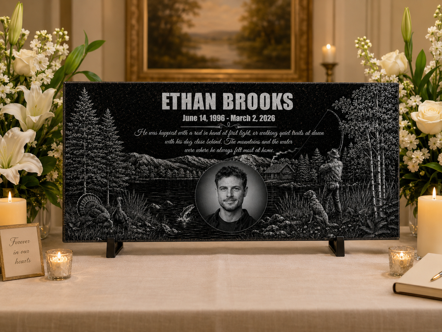 Custom angler memorial stone with name and dates — ADFSTONE
