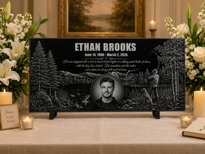 Custom angler memorial stone with name and dates — ADFSTONE