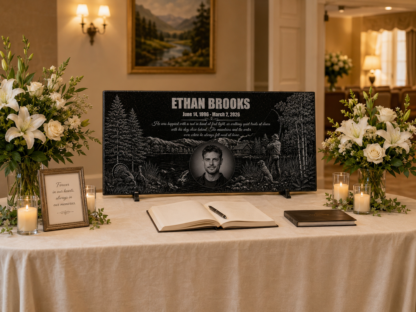 Memorial stone with photo for an outdoorsman, made to order — ADFSTONE