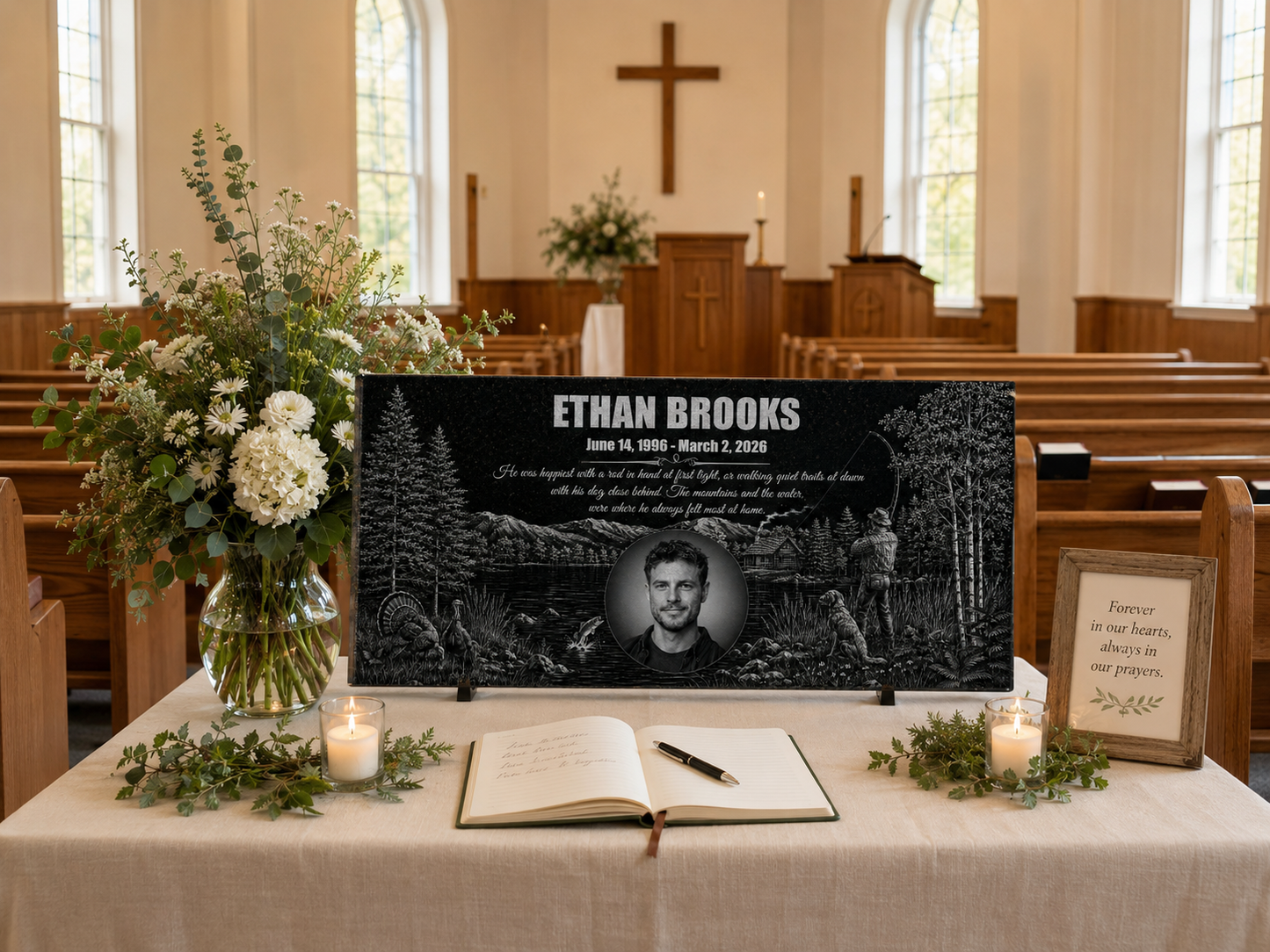 Engraved granite grave marker with fishing scene — ADFSTONE