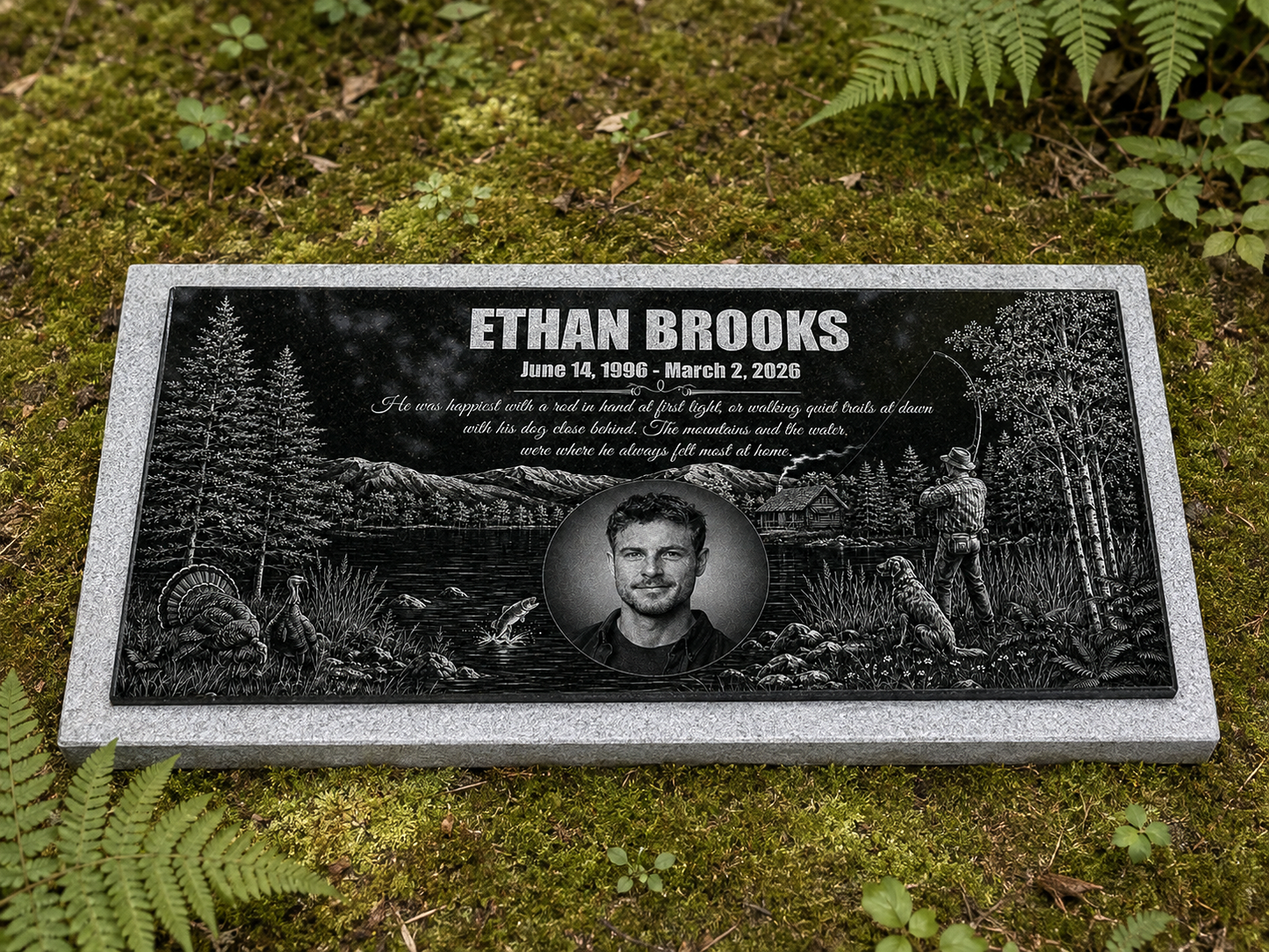Angler remembrance plaque in weatherproof black granite — ADFSTONE