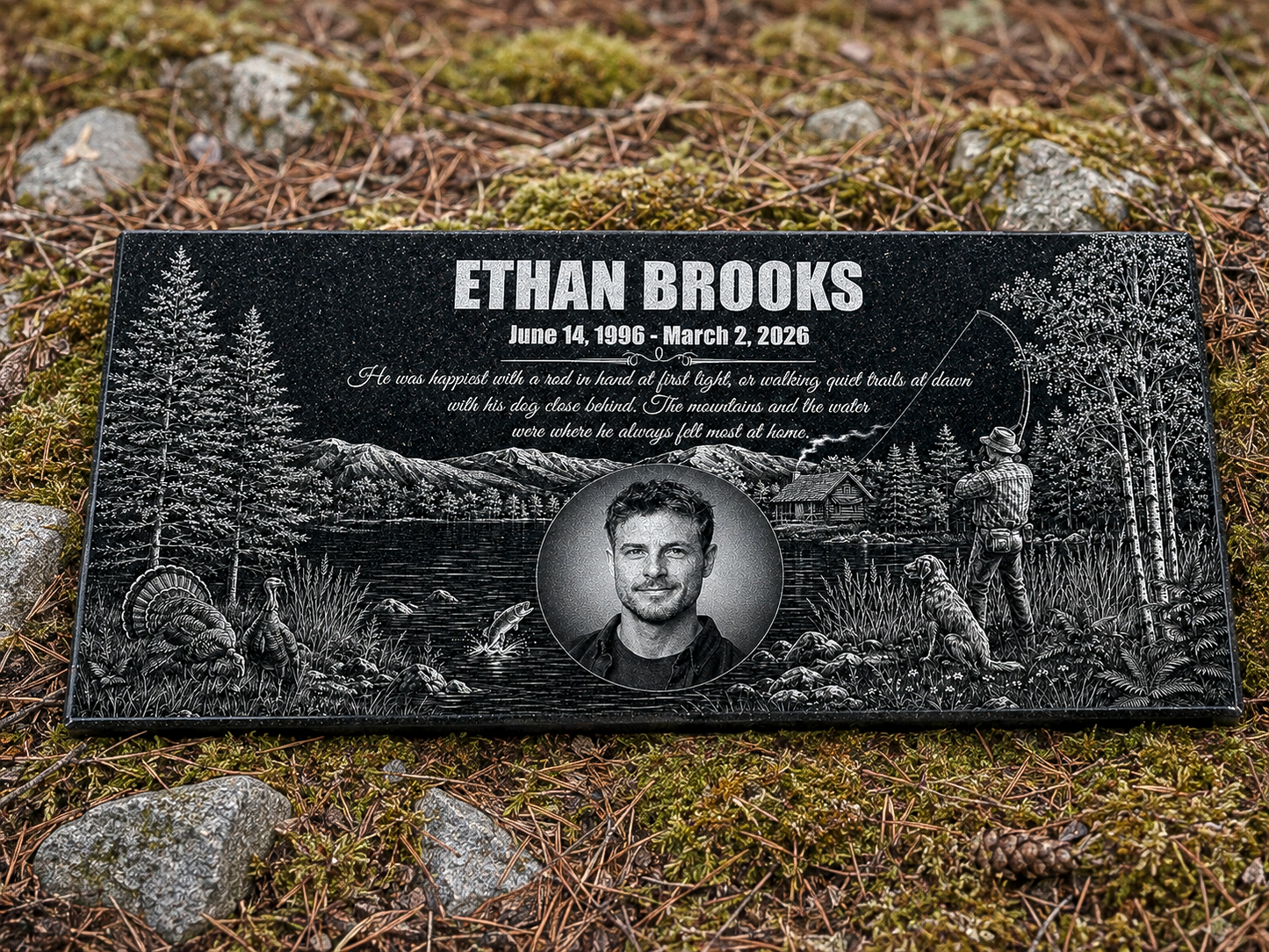 Fisherman memorial stone with engraved lakeside scene and photo — ADFSTONE