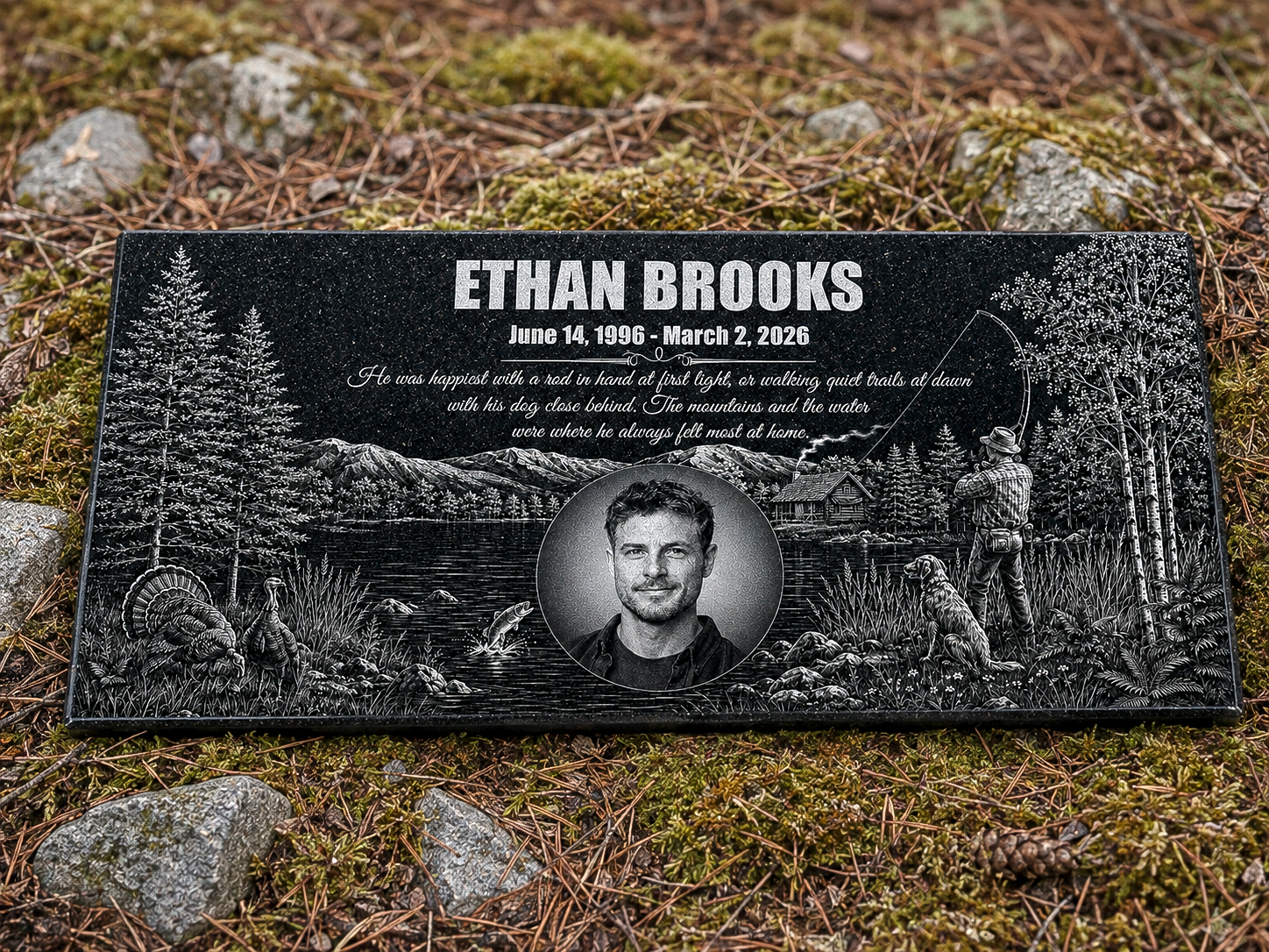 Fisherman memorial stone with engraved lakeside scene and photo — ADFSTONE