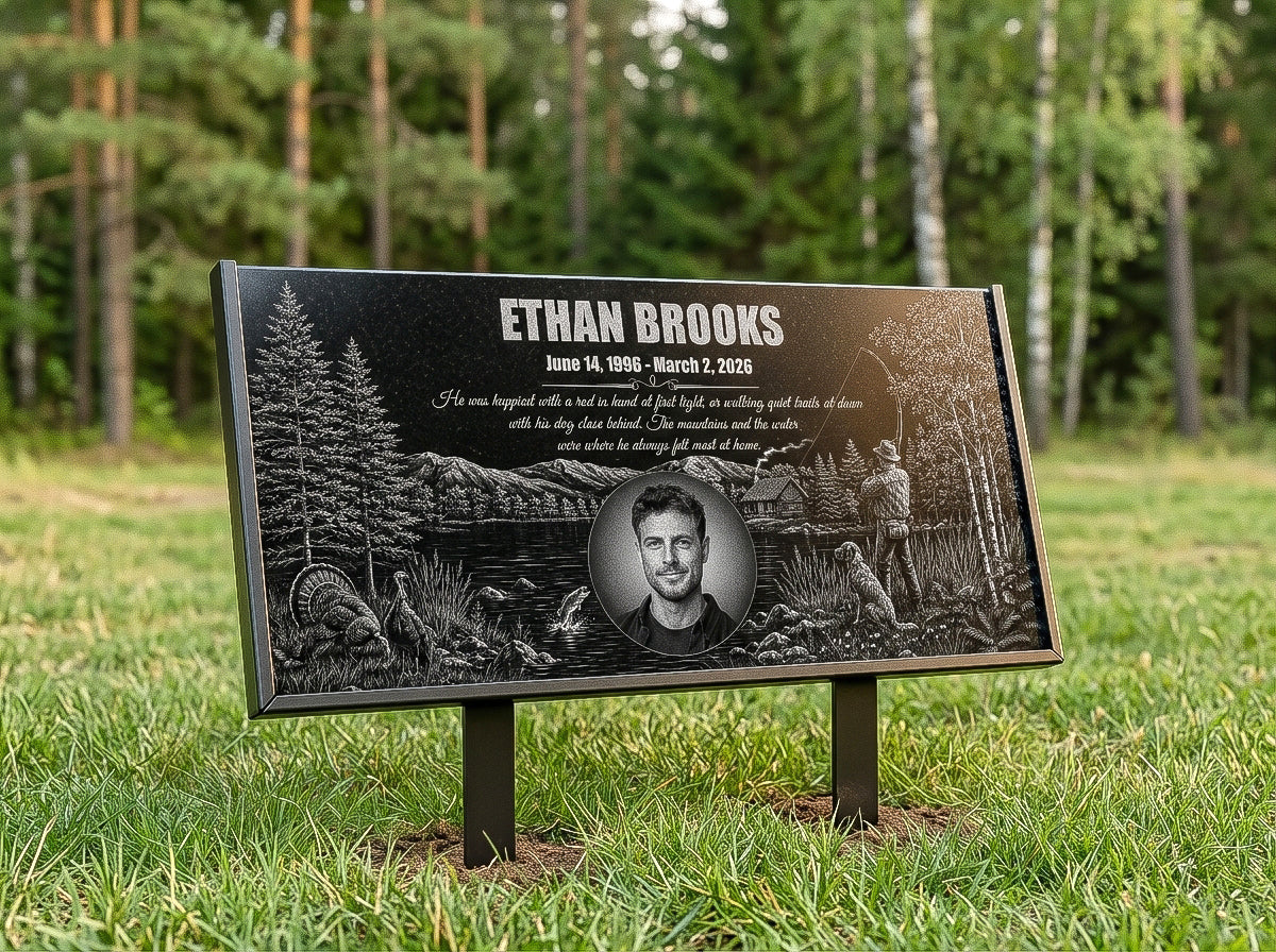 Lakeside scene engraved on a black granite memorial stone — ADFSTONE