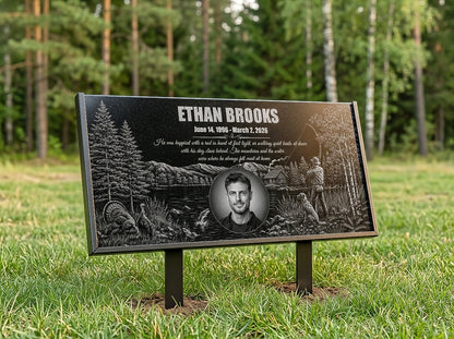 Lakeside scene engraved on a black granite memorial stone — ADFSTONE