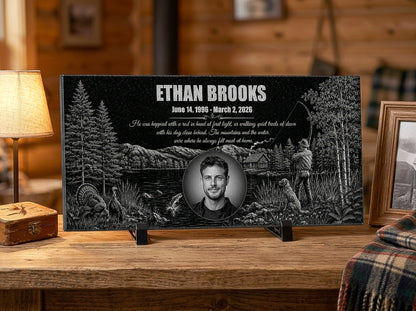 Custom memorial stone with laser engraved portrait and landscape — ADFSTONE