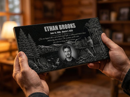 Custom granite memorial plaque with fishing design — ADFSTONE
