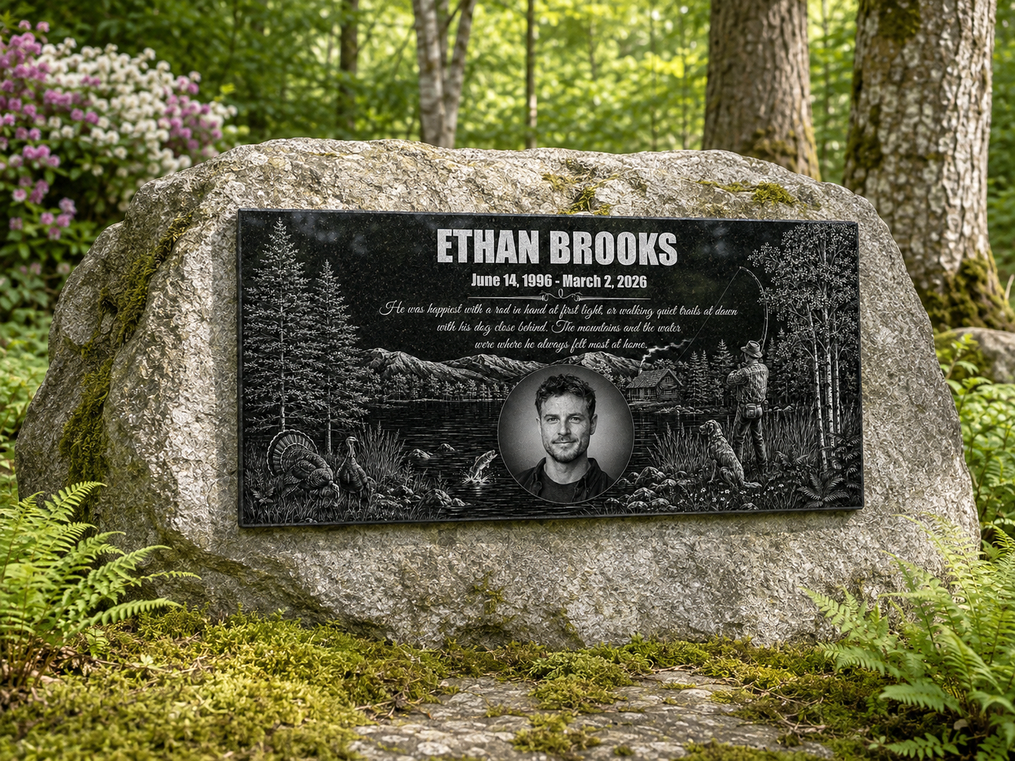 Fisherman grave plaque personalized with photo and tribute — ADFSTONE