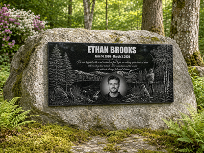 Fisherman grave plaque personalized with photo and tribute — ADFSTONE