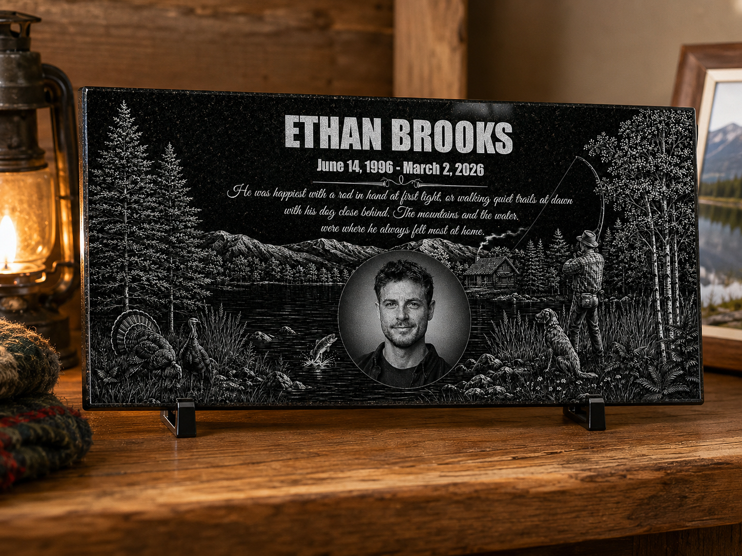 Hunting and fishing memorial marker in engraved granite — ADFSTONE