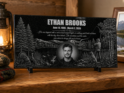 Hunting and fishing memorial marker in engraved granite — ADFSTONE