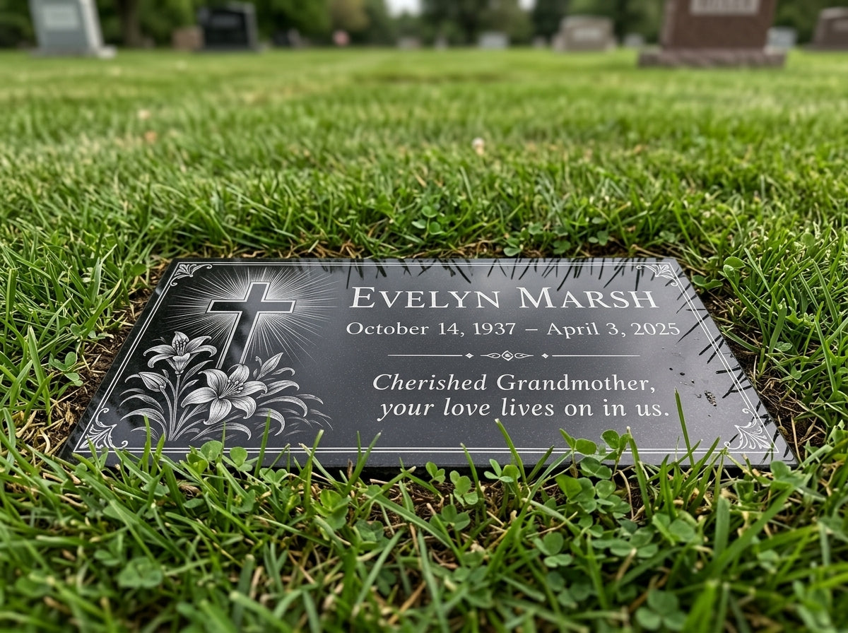 Custom memorial plaque with lilies engraved in granite — ADFSTONE