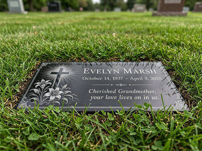 Custom memorial plaque with lilies engraved in granite — ADFSTONE