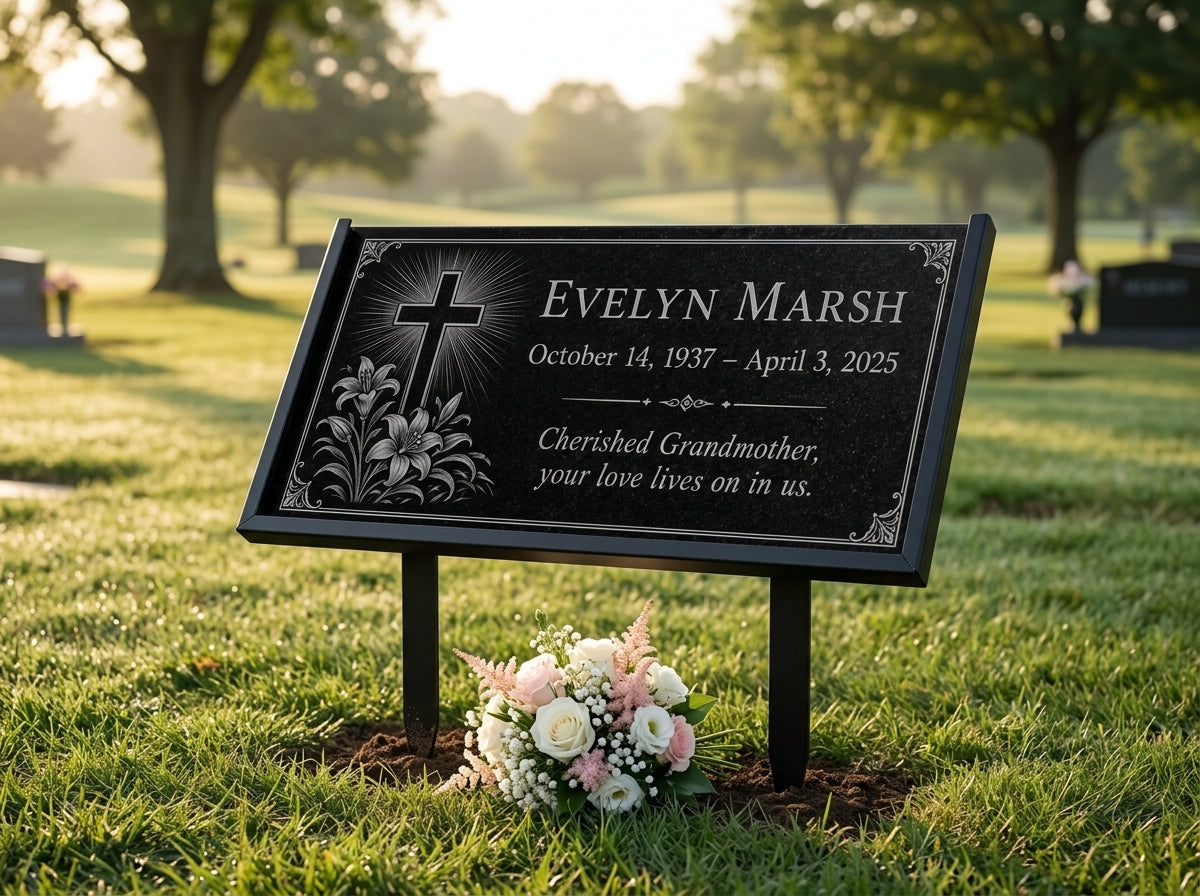 Custom grave marker plaque with lily cross engraving — ADFSTONE