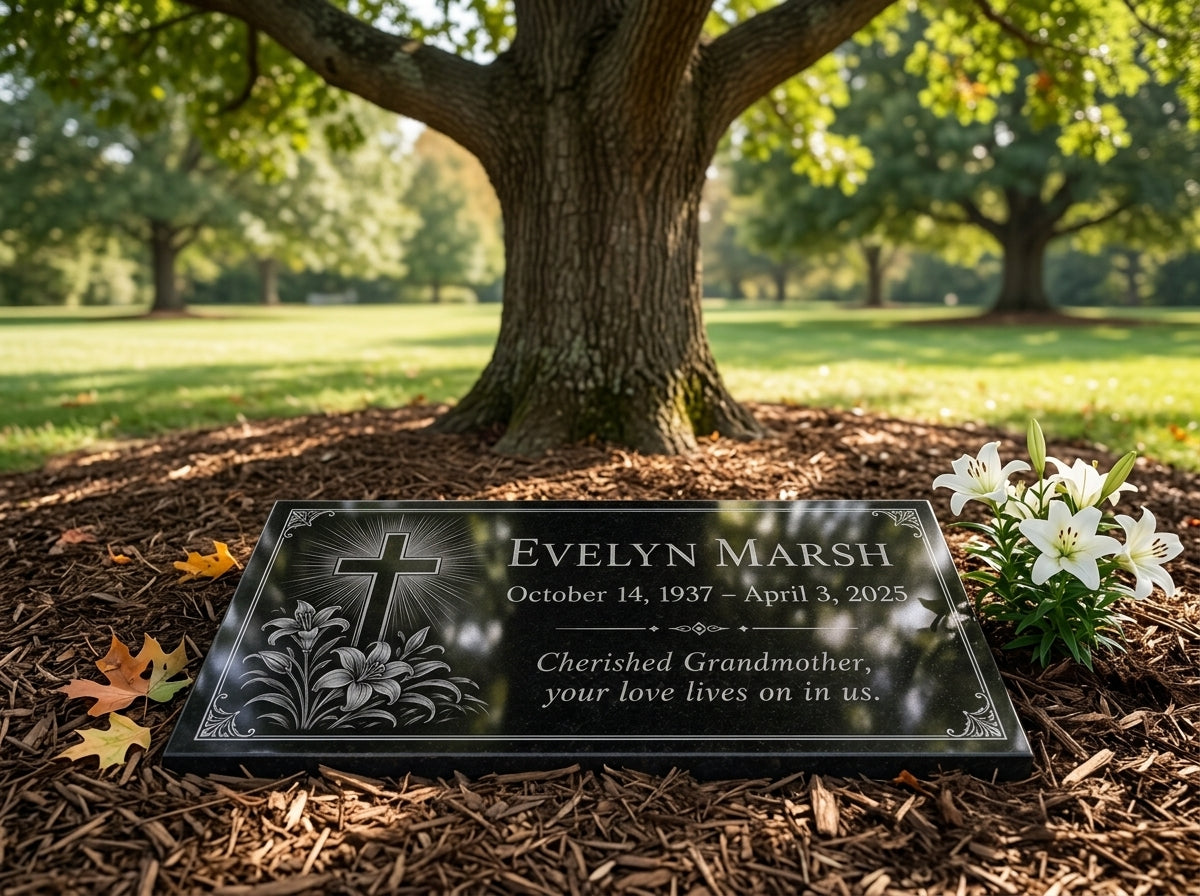 Weatherproof granite memorial marker with cross and flowers — ADFSTONE