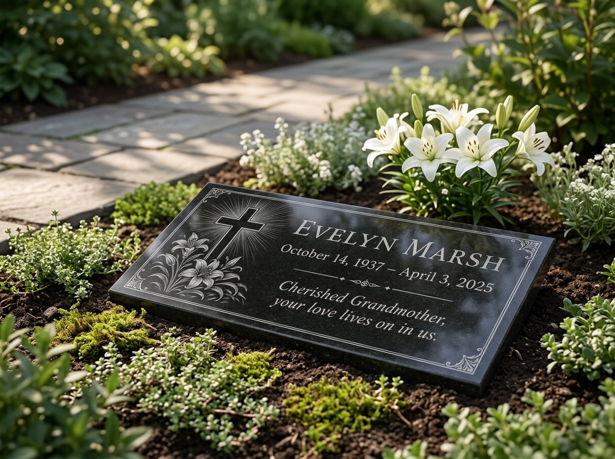Laser engraved granite plaque with lily cross motif — ADFSTONE