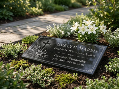 Laser engraved granite plaque with lily cross motif — ADFSTONE