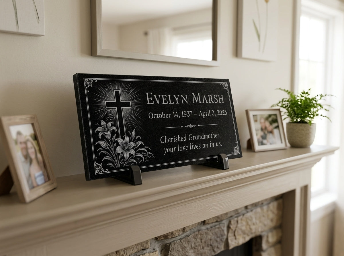 Custom sympathy gift memorial stone in black granite — ADFSTONE