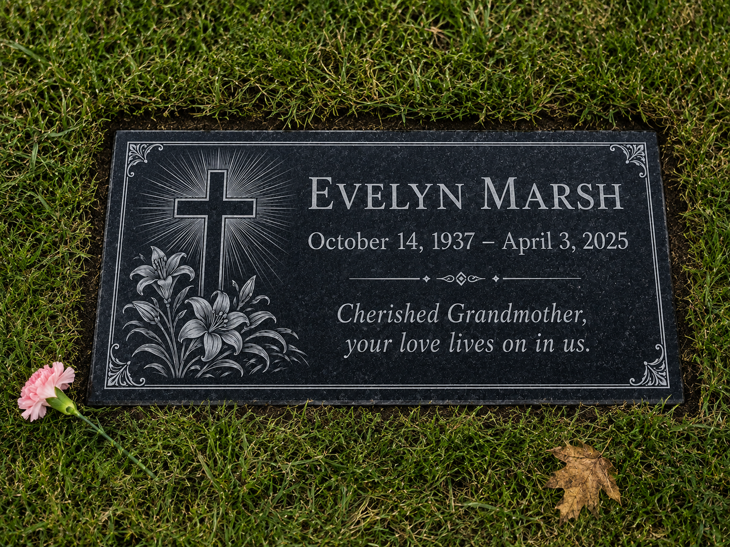 Grandmother memorial plaque personalized in black granite — ADFSTONE