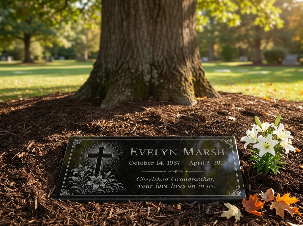 Memorial plaque engraved with a cross and lily design — ADFSTONE