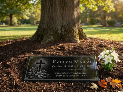 Memorial plaque engraved with a cross and lily design — ADFSTONE