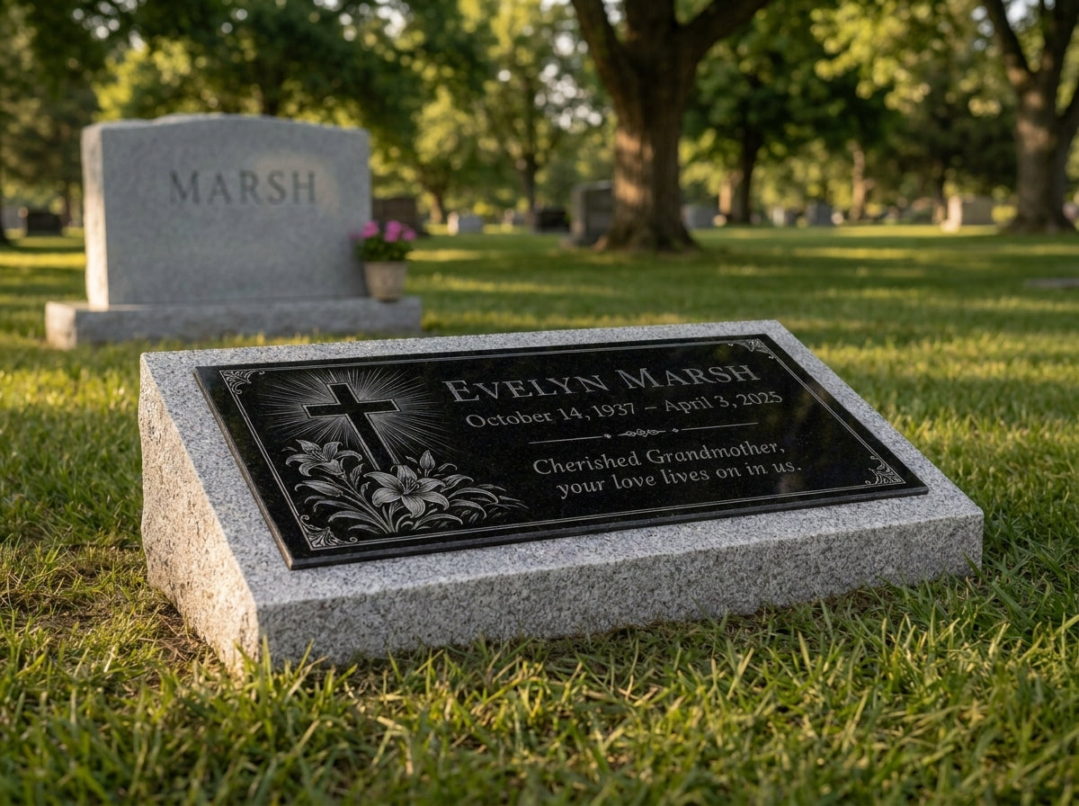 Personalized granite grave plaque with floral engraving — ADFSTONE