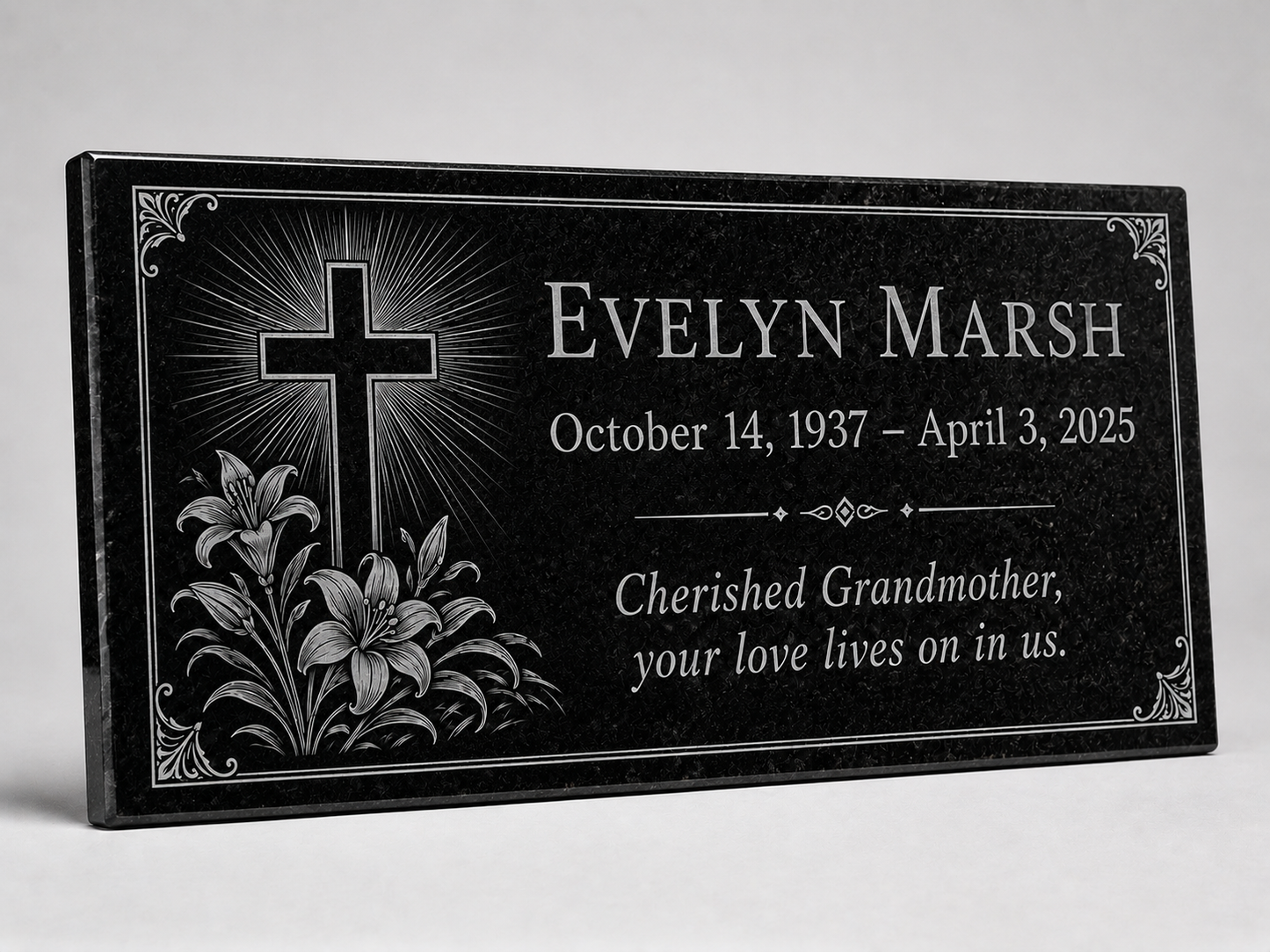 Memorial stone for grandma with engraved lily cross design — ADFSTONE