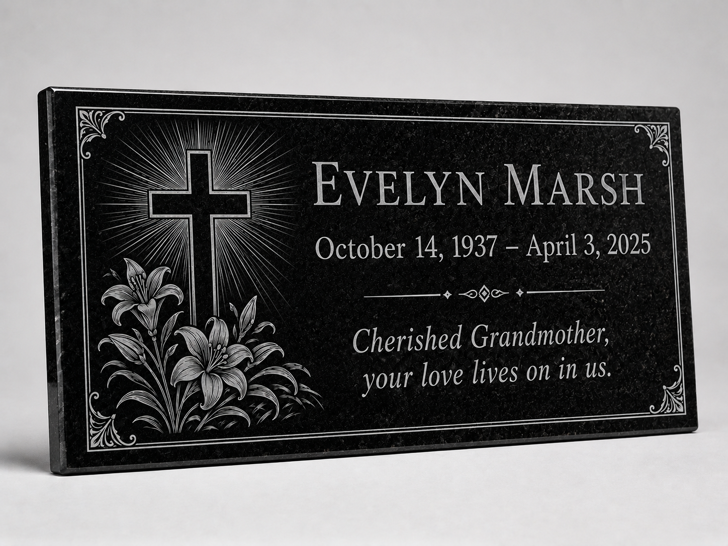 Memorial stone for grandma with engraved lily cross design — ADFSTONE