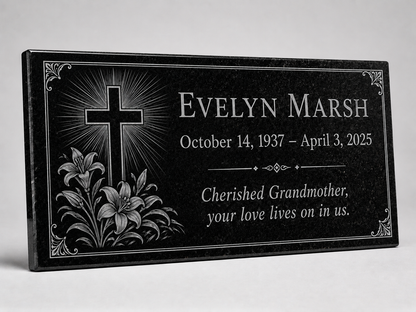 Memorial stone for grandma with engraved lily cross design — ADFSTONE