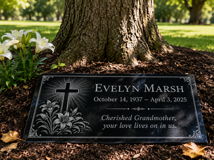 Engraved granite memorial plaque with cross and lilies — ADFSTONE