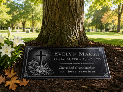 Black granite memorial plaque with floral cross design — ADFSTONE
