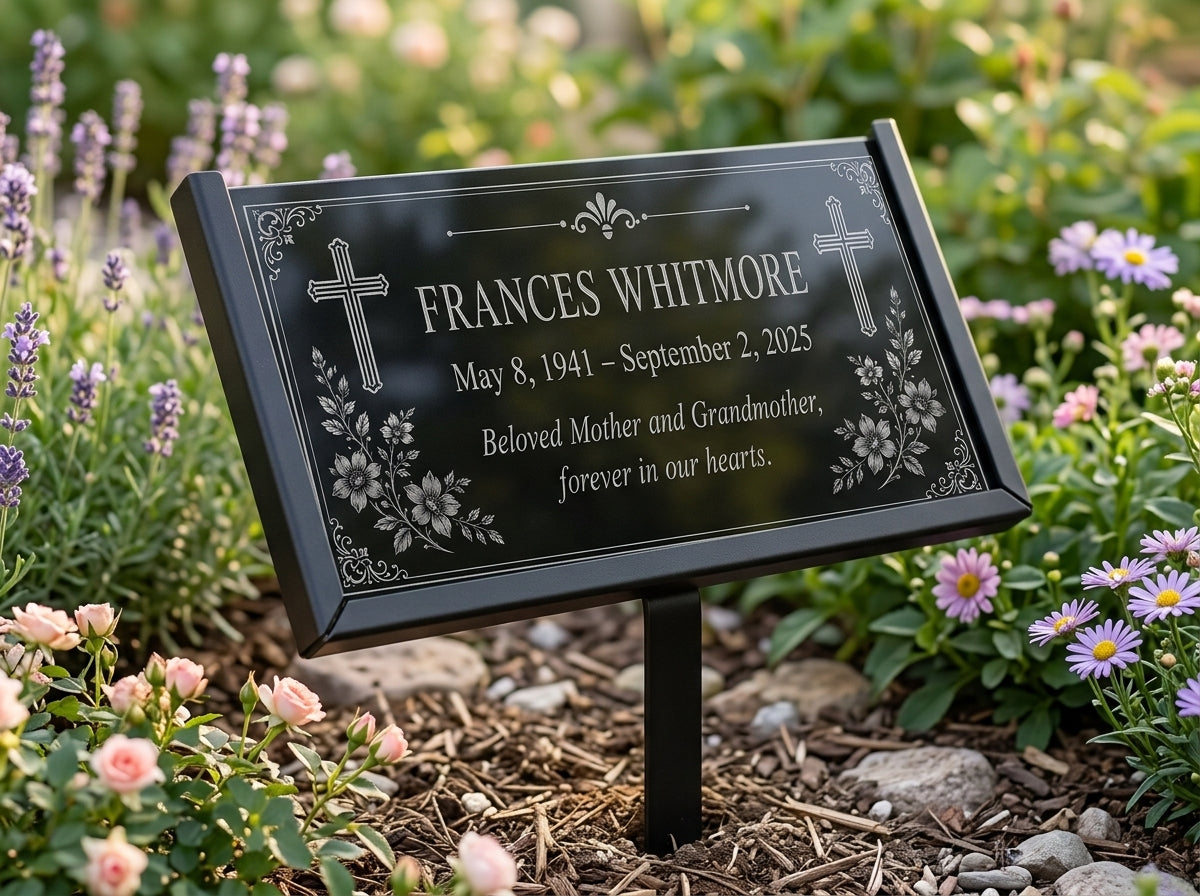 Twin crosses engraved on a personalized granite memorial stone — ADFSTONE