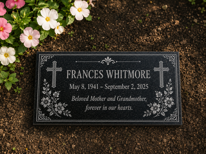 Engraved granite memorial plaque with cross and floral border — ADFSTONE