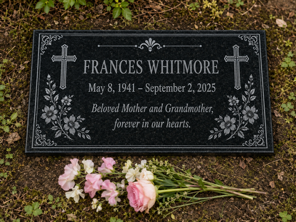 Personalized grave marker plaque with floral cross design — ADFSTONE
