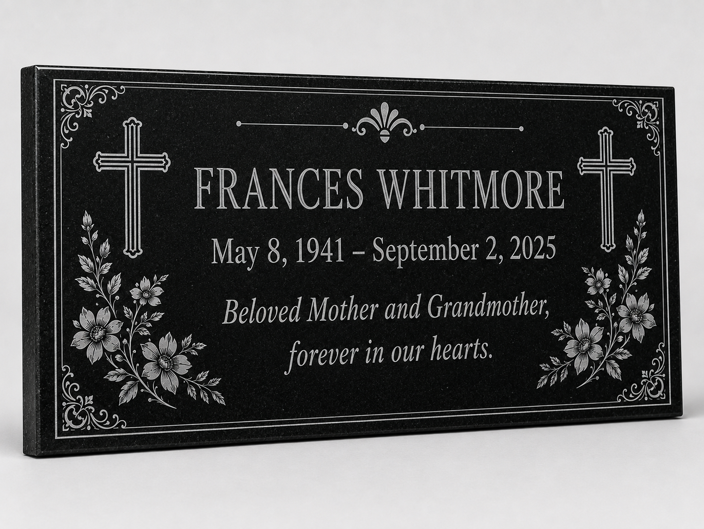 Memorial stone for mom with engraved twin crosses and flowers — ADFSTONE