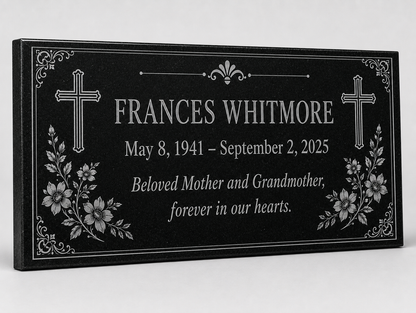 Memorial stone for mom with engraved twin crosses and flowers — ADFSTONE