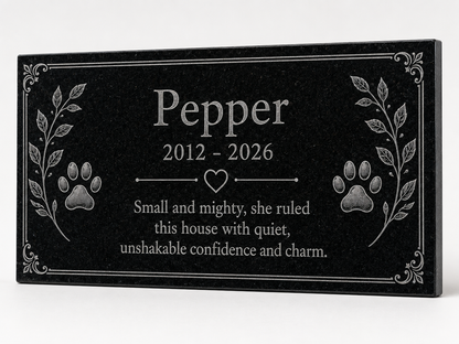 Cat memorial stone with engraved paw prints and heart — ADFSTONE