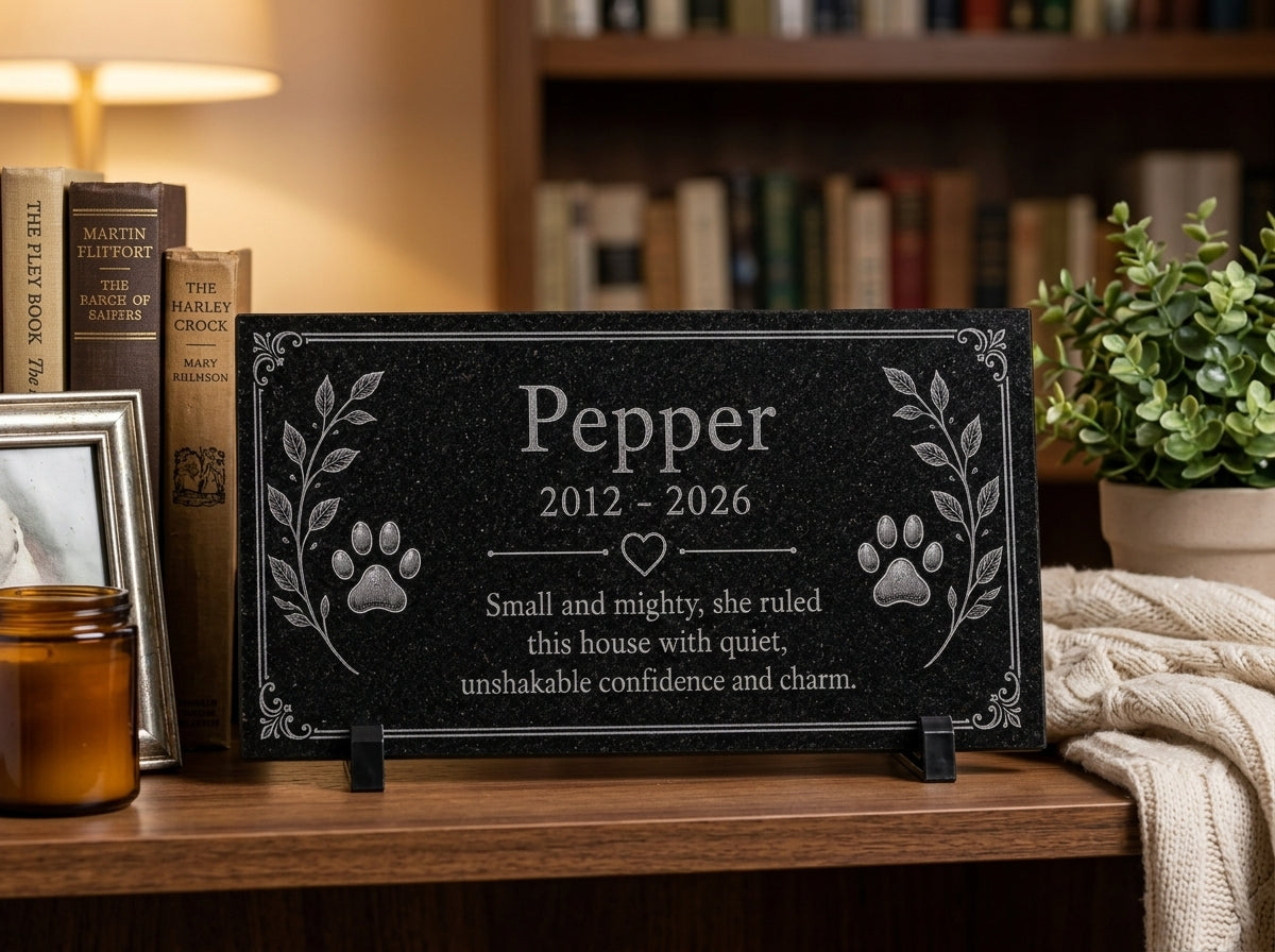 Personalized cat memorial plaque in black granite — ADFSTONE