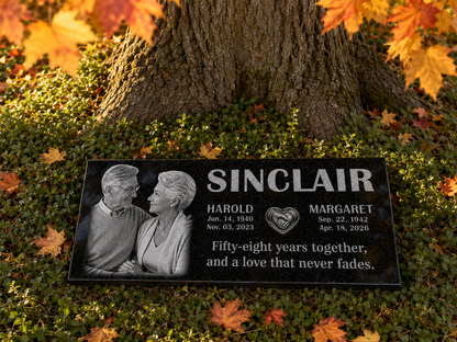 Husband and wife memorial plaque personalized in black granite — ADFSTONE