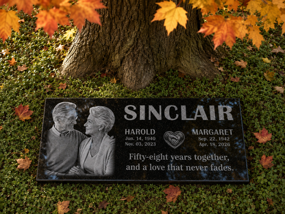 Double memorial stone for two, engraved granite — ADFSTONE