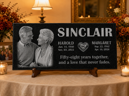 Engraved couple memorial plaque for grave or garden — ADFSTONE