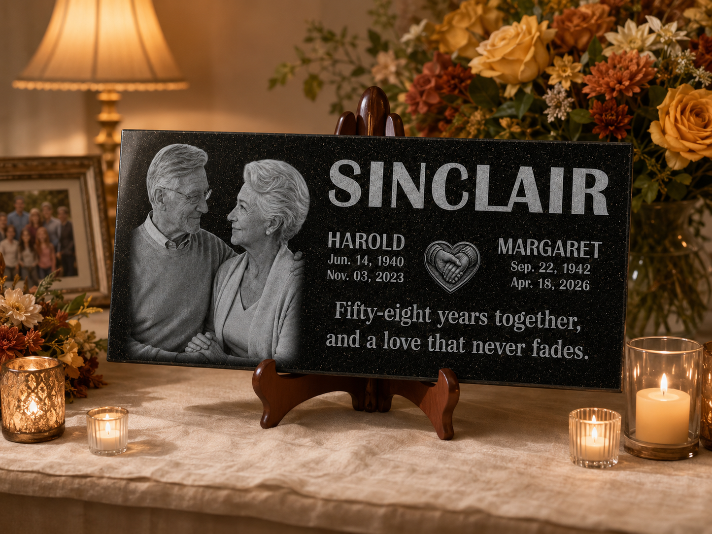 Custom double grave plaque with laser engraved photographs — ADFSTONE