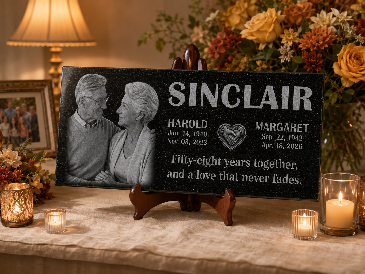 Custom double grave plaque with laser engraved photographs — ADFSTONE