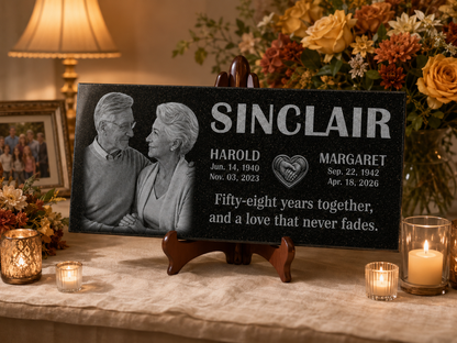 Custom double grave plaque with laser engraved photographs — ADFSTONE