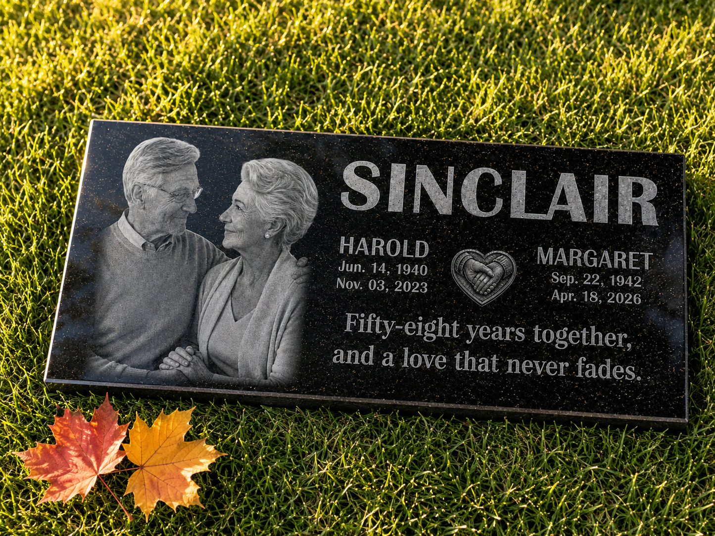Granite companion memorial with portraits and tribute line — ADFSTONE