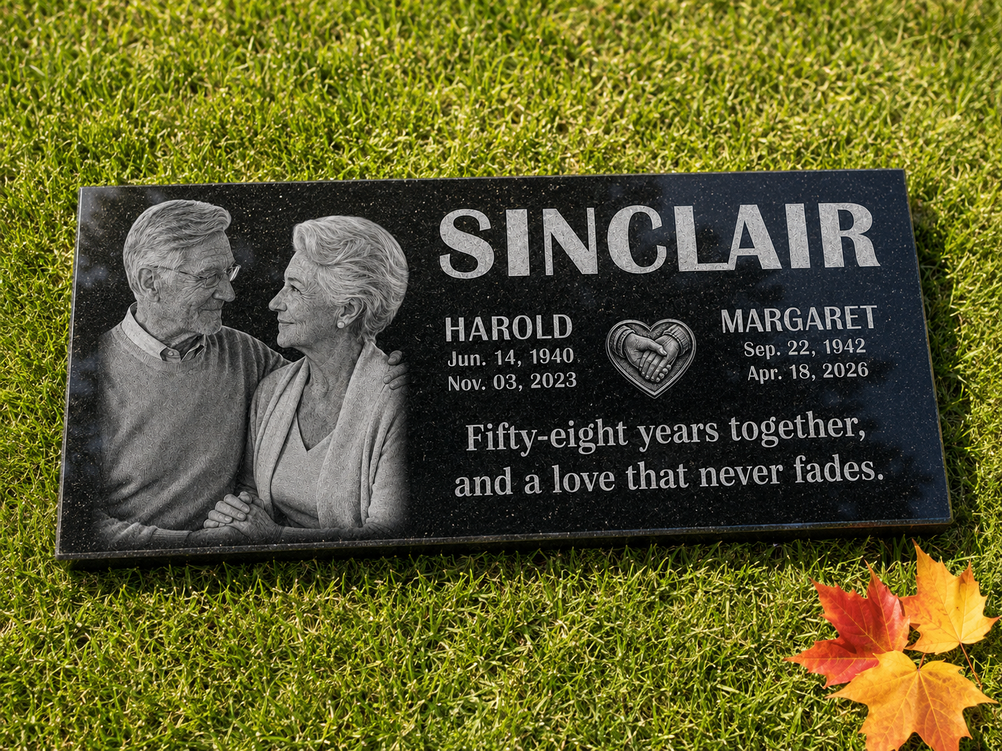 Couple memorial stone with engraved photos in black granite — ADFSTONE