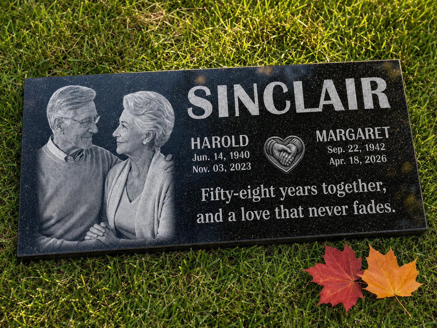 Couple memorial stone with two engraved portraits and joined hearts — ADFSTONE