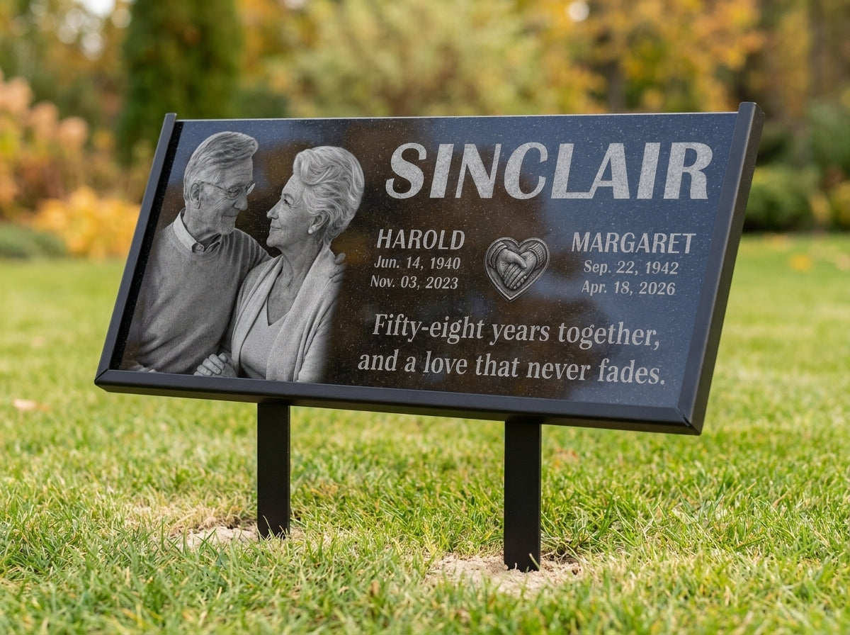 Personalized couple memorial plaque with both names and dates — ADFSTONE