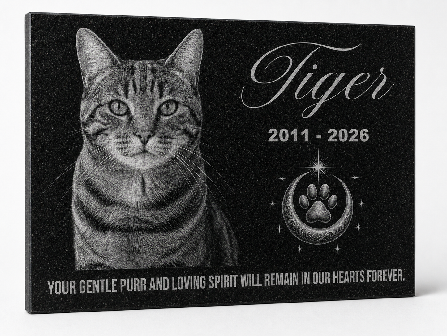 Cat memorial stone with photo engraved in black granite — ADFSTONE